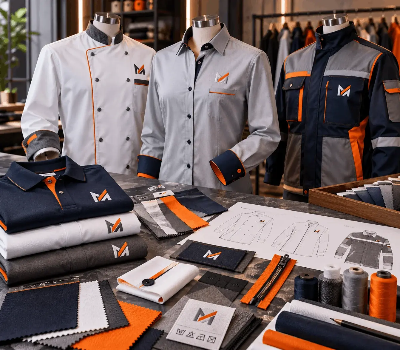 Branded chef coat, corporate shirt, and industrial work jacket displayed on mannequins with fabric samples, garment sketches, zippers, threads, labels, and Mega Apparel branding in a uniform design studio.